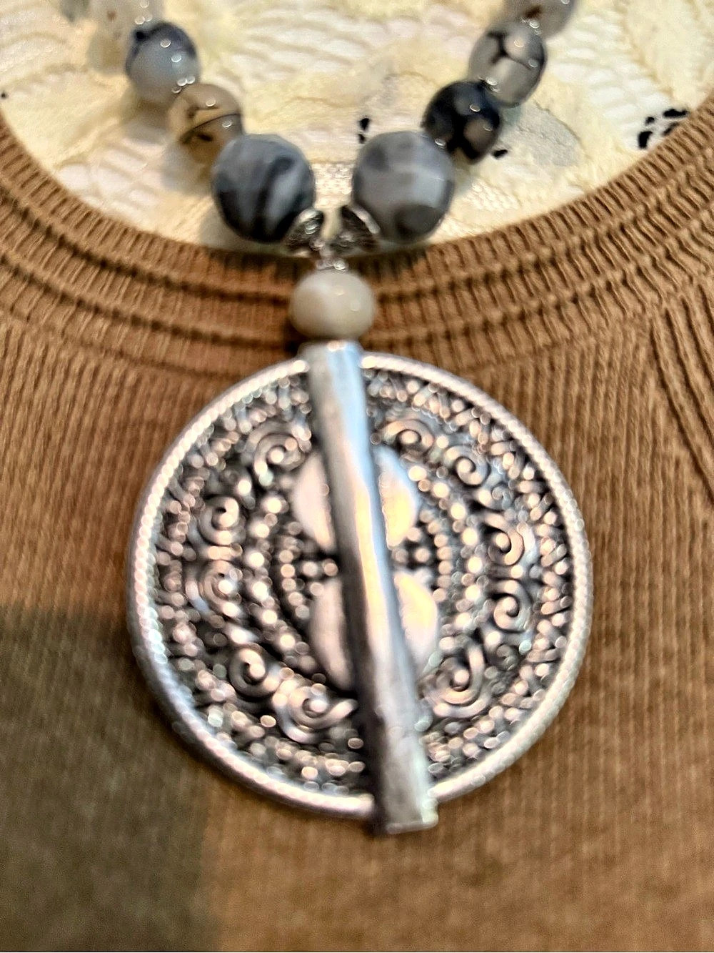 Chico's Beaded Pendant Necklace in Gray & Silver